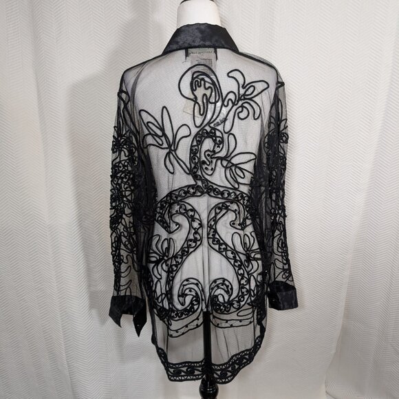 Melanie Lyne Black Sheer Embroidered Beaded Blouse Satin Collar & Cuffs Medium - Picture 2 of 13